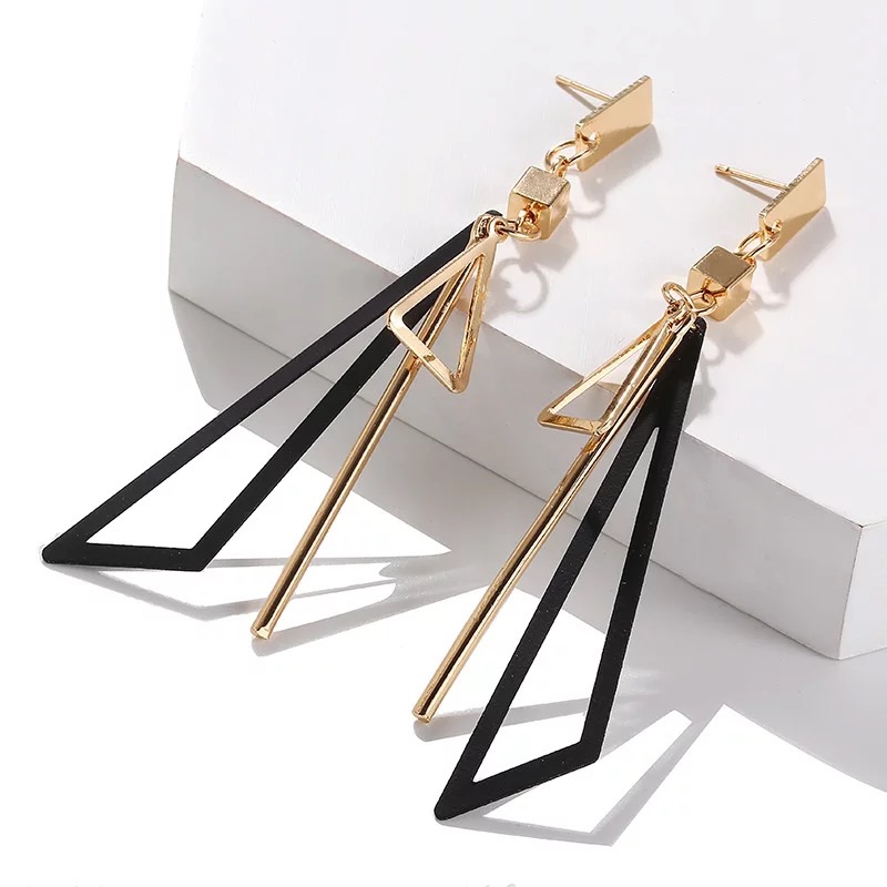 Gold Plated Black Cutout Geometric Long Drop Earrings 18$